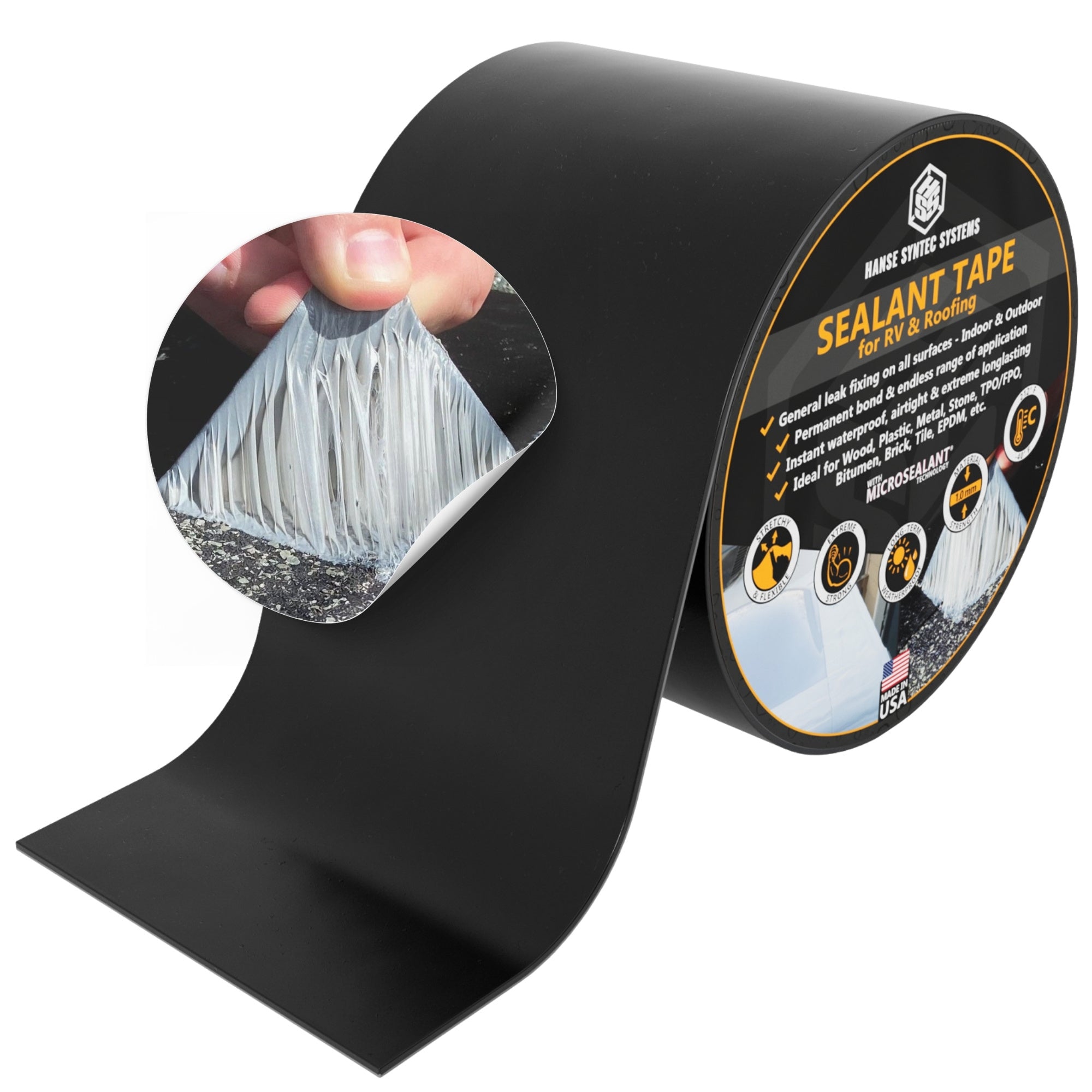 Hanse Syntec Systems HSS Sealant Tape with MicroSealant - Waterproof Commercial Roofing Tape for Roof and RV Repair - UV- & Weatherproof - Black